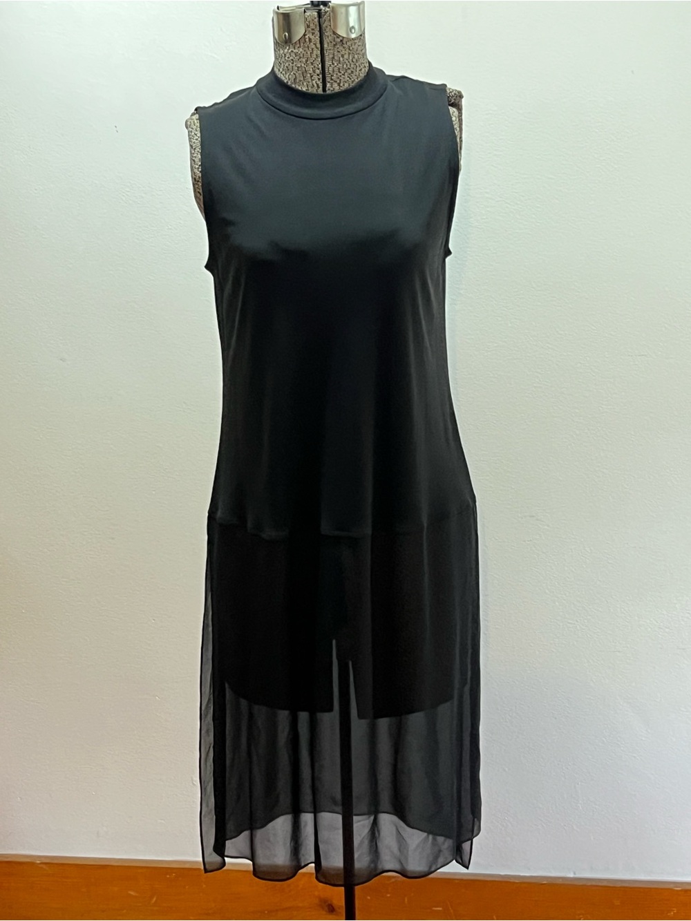 Eileen Fisher Sleeveless Black Tunic with Sheer Hem